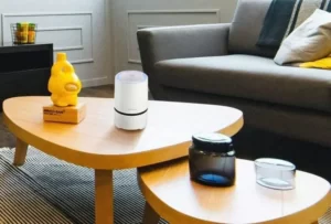 a coffee table with a yellow object on it