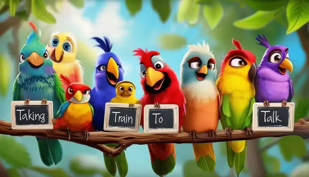 Vrolijke cartoonvogels op tak met krijtborden in een groen bos.