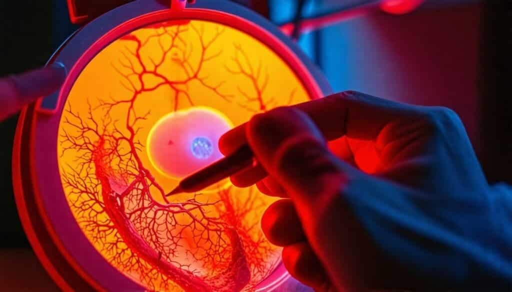 a hand holding a pen over a glowing round object