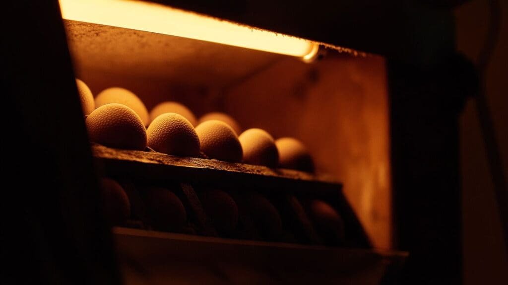eggs in a shelf with a light