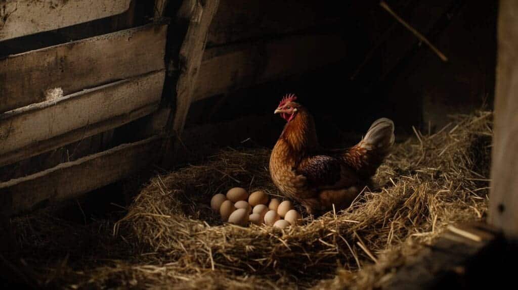 a chicken and eggs in a nest