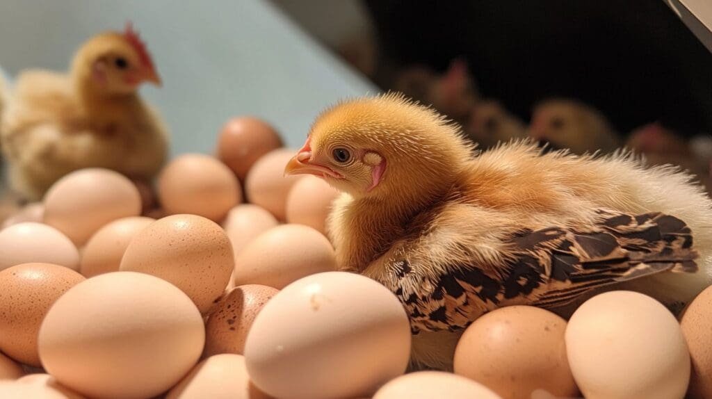 a baby chicken in a pile of eggs