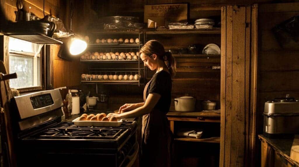 a woman in a kitchen with eggs