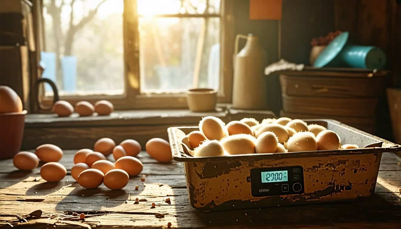 Een zelfgemaakte broedmachine met eieren en een digitale thermometer. broedeieren inspecteren