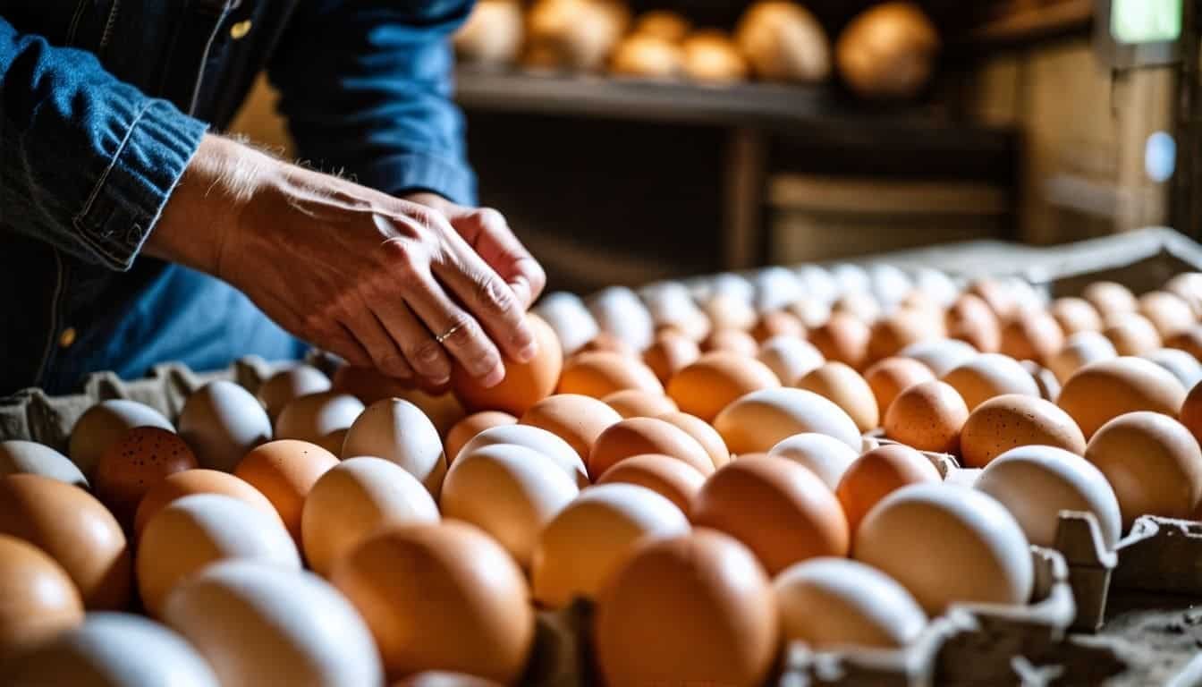 Een persoon selecteert zorgvuldig verse eieren voor het uitbroeden. broedeieren uitbroeden