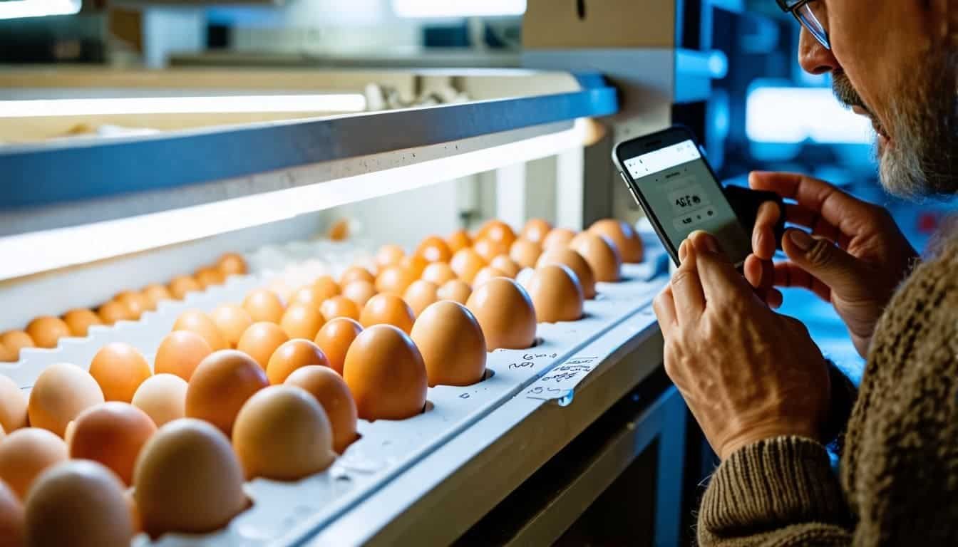 Persoon controleert broedmachine op ei problemen met zaklamp. broedeieren temperatuur