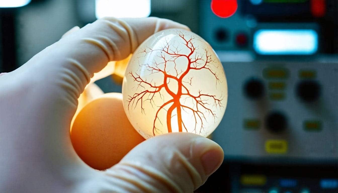 Een close-up foto van een transparant wit kippenei met ontwikkelende embryo. broedeieren broedmachine