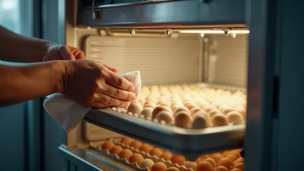 Handen hanteren eieren in commerciële incubator voor broeden of koken in professionele omgeving.