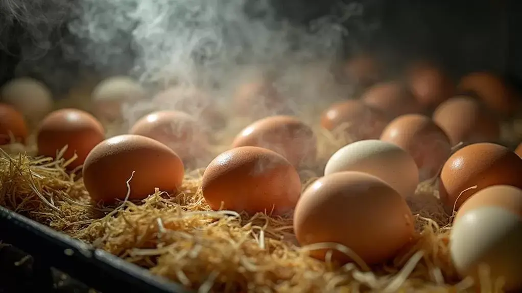 Bruine en crèmekleurige eieren op stro, met warme verlichting en zwevende stoom.