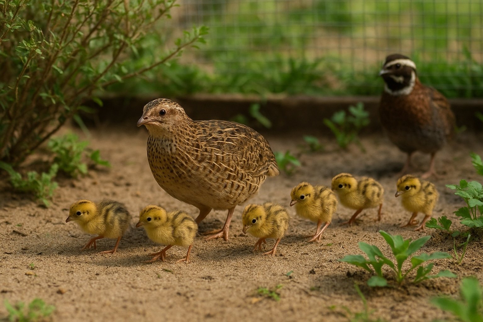 Kwartelfamilie met kuikens