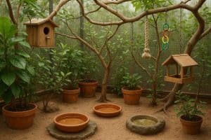Volière met houten vogelhuis, planten, speelringen, voederbak en waterkom in zonnige tuin.